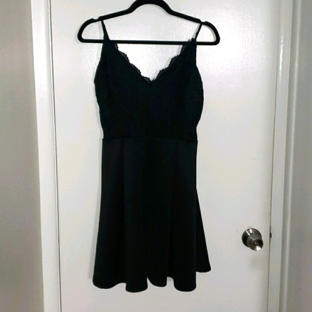 Black lace top mini dress, skater style